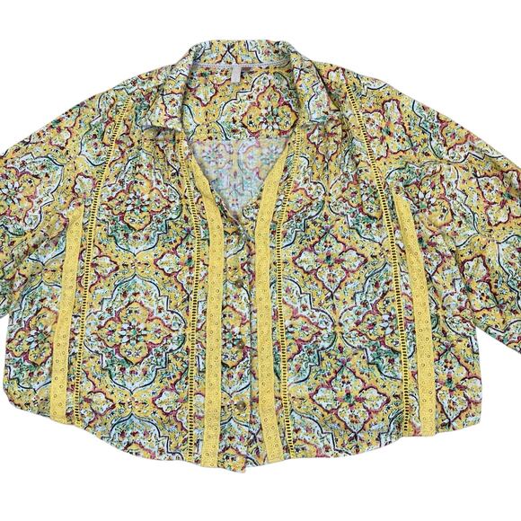 Anthropologie Pilcro Sz 1X Pintuck Peasant Blouse Yellow Floral Crochet Cottage - Picture 9 of 16